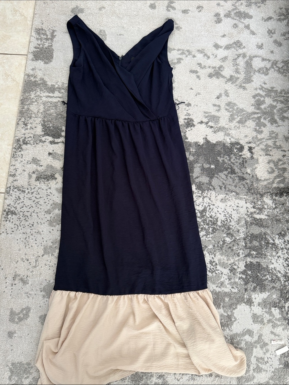 DKNY navy and beige ruffle hem maxi dress